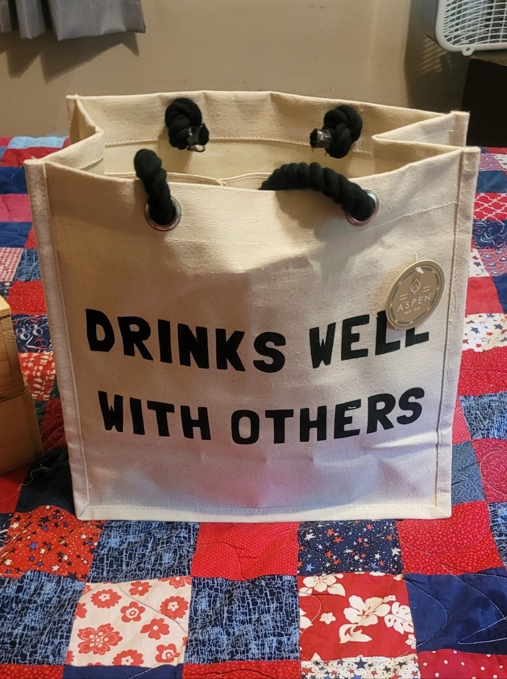 Aspen NWT Canvas Tote Bag "Drinks Well With Others" - Natural with Black Text